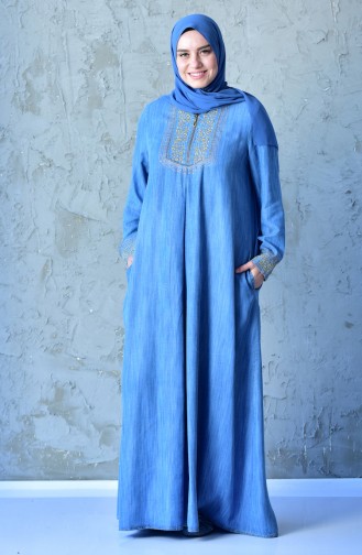 Büyük Beden Nakışlı Kot Elbise 1792-01 Mavi