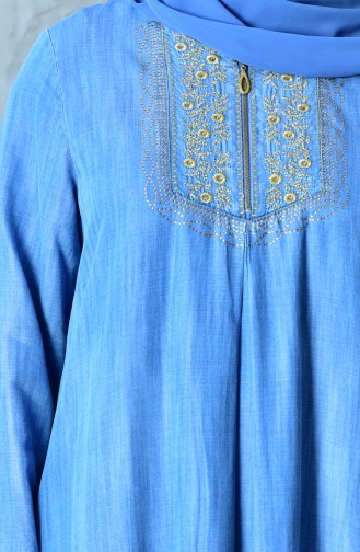 Büyük Beden Nakışlı Kot Elbise 1792-01 Mavi 1792-01