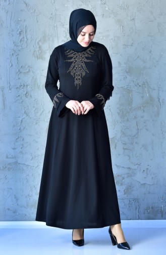 Büyük Beden Taş Baskılı Elbise 1033-06 Siyah