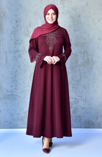 Büyük Beden Taş Baskılı Elbise 1033-05 Bordo