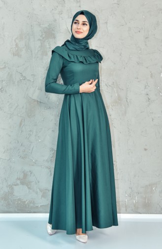 Fırfır Detaylı Elbise 7203-01 Zümrüt Yeşili