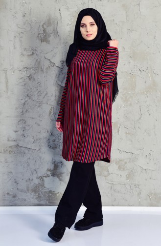 Çizgili Tunik 7260-01 Kırmızı Siyah