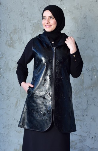 Large Size Sequined Leather Vest 4759-01 Black 4759-01