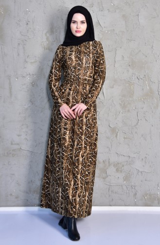 Leopard Patterned Belt Dress 7095-01 Brown 7095-01