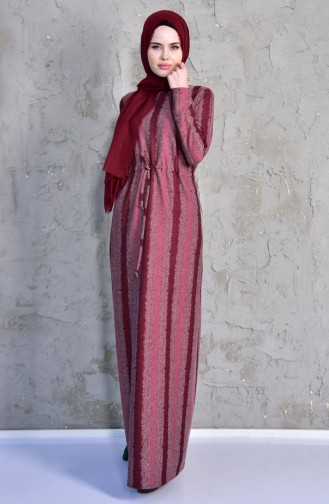 TUBANUR Pleated Waist Patterned Dress 3035-01 Claret Red 3035-01