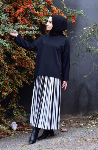 Waist Elastic Striped Skirt 4902-02 Black White 4902-02