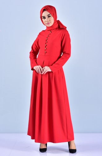 Gefalltetes Kleid mit Knöpfe 0113-10 Rot 0113-10