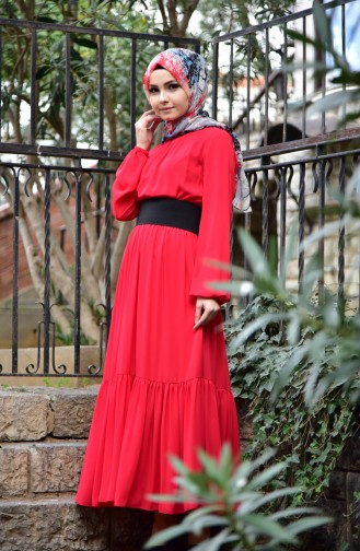 Kemerli Şifon Elbise 4908-01 Kırmızı 4908-01