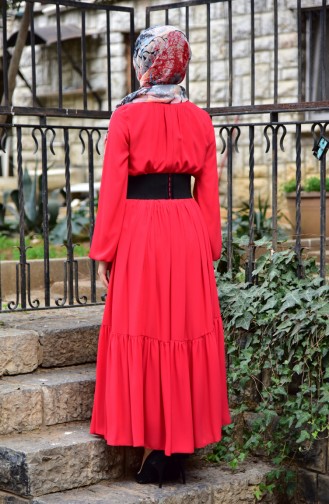 Kemerli Şifon Elbise 4908-01 Kırmızı 4908-01