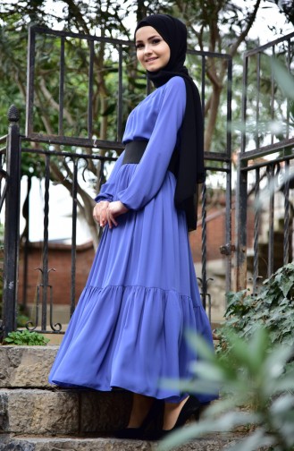 فستان شيفون بتصميم حزام للخصر 4908-02 لون نيلي 4908-02