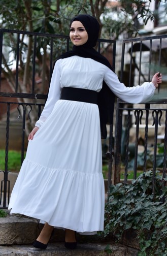 Kemerli Şifon Elbise 4908-04 Beyaz