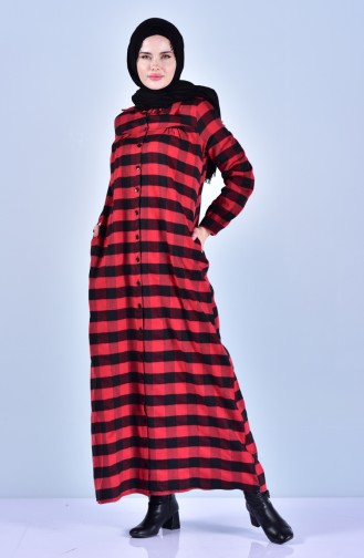 Kareli Düğmeli Elbise 1030-02 Kırmızı 1030-02