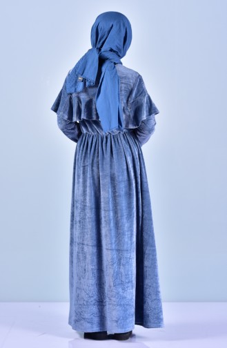 Kadife Fırfırlı Elbise 0048-02 Mavi 0048-02
