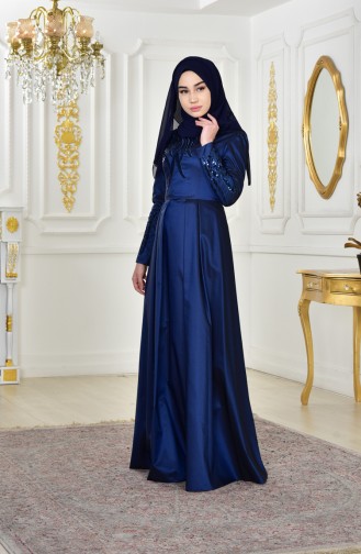 Sequined Evening Dress 0426-01 Navy Blue 0426-01