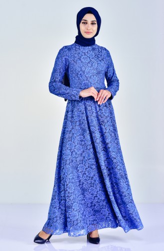 فستان سهرة بتصميم ياقة سبعة مزين بالدانتيل 0169-02 لون ازرق 0169-02