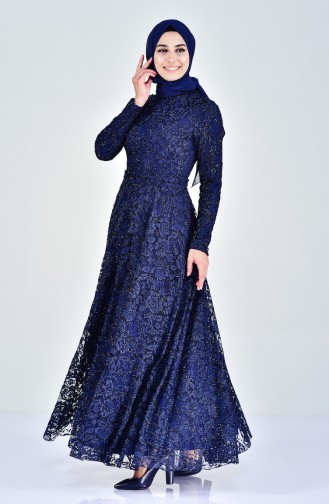 Robe de Soirée a Dentelle 0169-03 Bleu Marine 0169-03