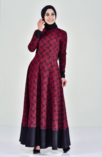 فستان مزين بتصميم مورّد 7219-02 لون خمري 7219-02