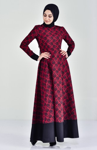 Flower Patterned Garland Dress 7219-02 Bordeaux 7219-02