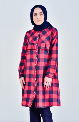 Plaid Patterned Frilly Tunic 5012-02 Red 5012-02
