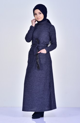 Triko Boğazlı Elbise 1702-02 Lacivert