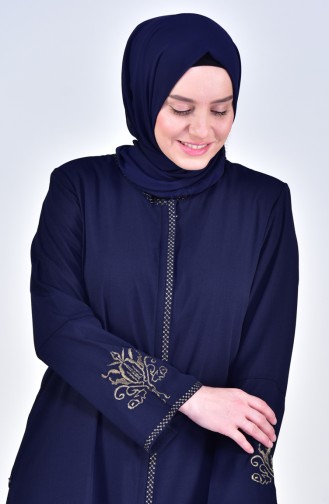 Abaya Bordée Grande Taille 2521-04 Bleu Marine 2521-04