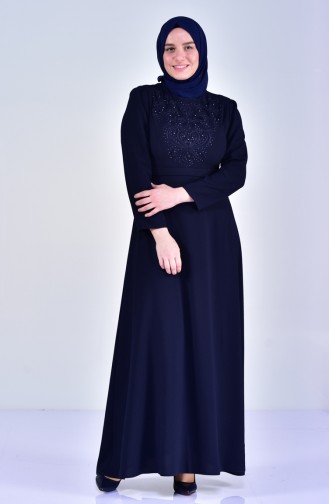 Übergröße Perlen Kleid mit Gürtel 6150-03 Dunkelblau 6150-03