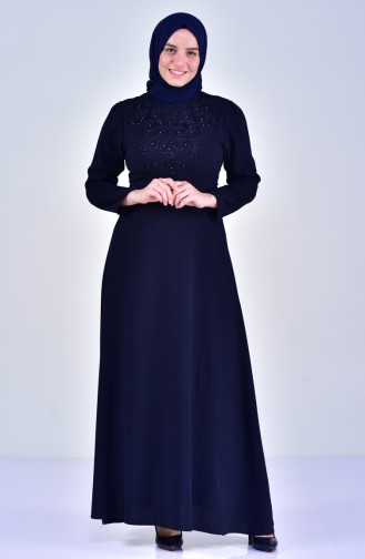 Large size Pearl Belted Dress 6150-03 Navy Blue 6150-03