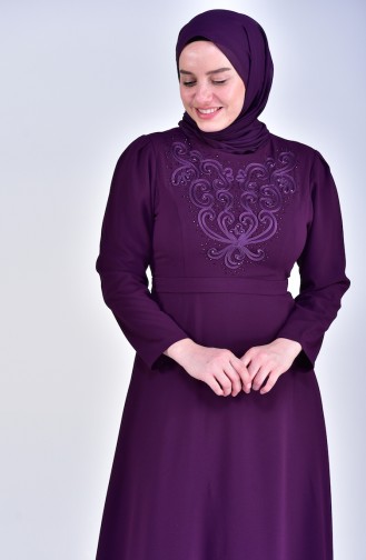 Übergröße Perlen Kleid mit Gürtel 6150-02 Lila 6150-02