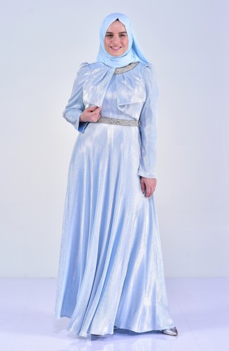 فستان سهرة بتصميم مُطبع باحجار لامعة بمقاسات كبيرة 8020-04 لون ازرق فاتح 8020-04