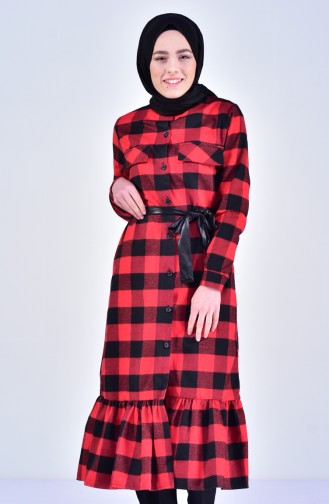 Plaid Patterned Long Tunic 2034-03 Red Black 2034-03