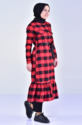 Plaid Patterned Long Tunic 2034-03 Red Black 2034-03