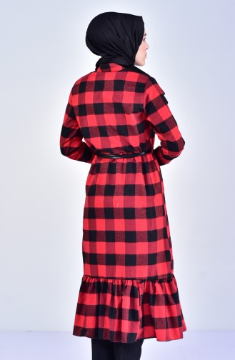 Plaid Patterned Long Tunic 2034-03 Red Black 2034-03