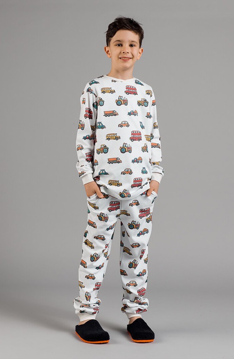 Desenli Erkek Çocuk Pijama Takımı 17ECP0016 Beyaz Sefamerve