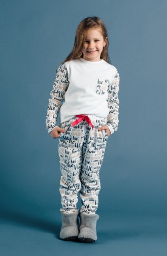 Yazı Baskılı Kız Çocuk Pijama Takımı 17KCP0014 Ekru
