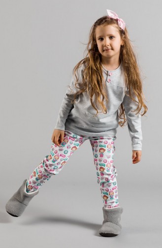 Desenli Kız Çocuk Pijama Takımı 17KCP0025 Gri