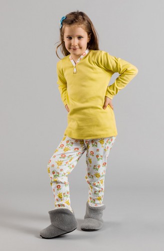Desenli Sarı Düğmeli Kız Çocuk Pijama Takımı 17KCP0028	Sarı