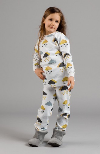 Desenli Kız Çocuk Pijama Takımı 17KCP0037 Ekru