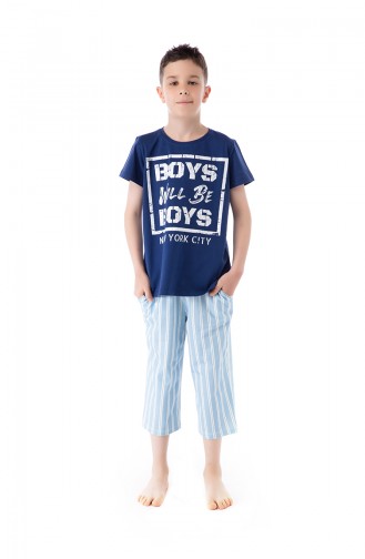 Çizgili Erkek Bermuda Pijama Takımı B1804	Mavi