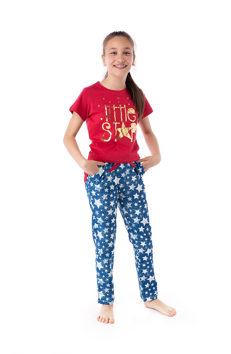 Star Patterned Young Girl Pajamas Suit G1808 Blue 1808 | Sefamerve