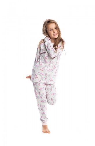 Unicorn Patterned Girls Pajamas Set G1810 Light Gray 1810