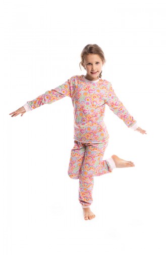 Çiçekli Kız Çocuk Pijama Takımı G1811 Turuncu 1811