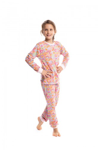Çiçekli Kız Çocuk Pijama Takımı G1811 Turuncu