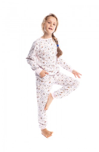 Geometrik Desenli Kız Çocuk Pijama Takımı G1814 Toz Pembe