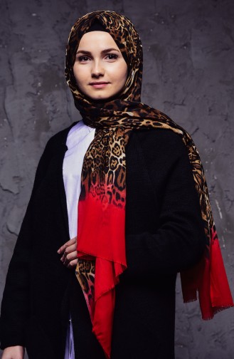 Leopard Patterned Cotton Shawl 2110-11 Red 2110-11