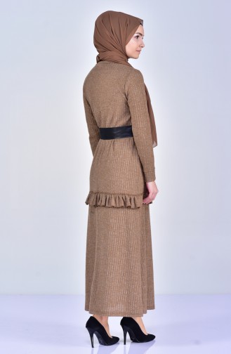 Kemerli Fırfırlı Elbise 1703-01 Camel