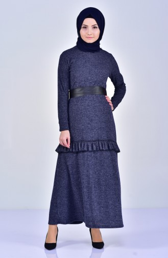 Kemerli Fırfırlı Elbise 1703-02 Lacivert