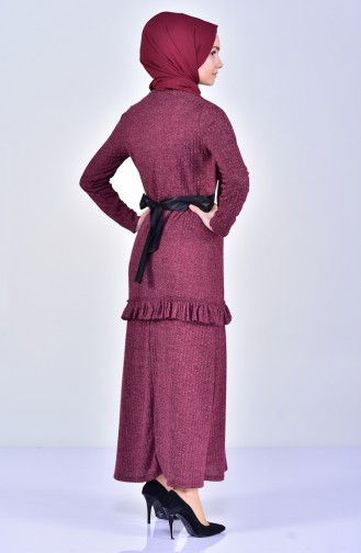 فستان بتصميم حزام للخصر مزين بالكشكش 1703-03 لون ارجواني داكن 1703-03