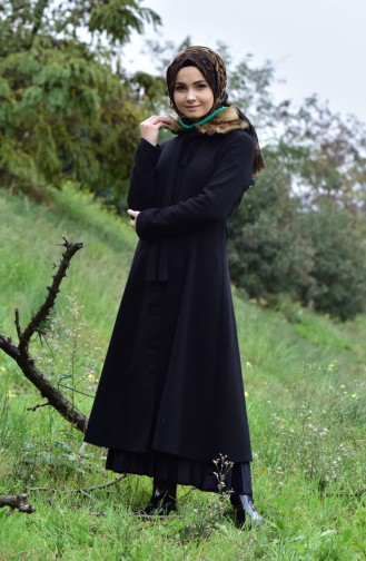 Yakası Kürklü Kaşe Kaban 71186-01 Siyah