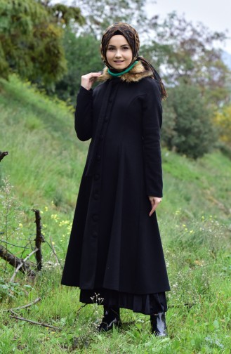 Yakası Kürklü Kaşe Kaban 71186-01 Siyah