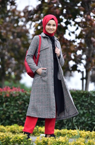 Plaid Patterned Coat 1260-01 Gray Red 1260-01